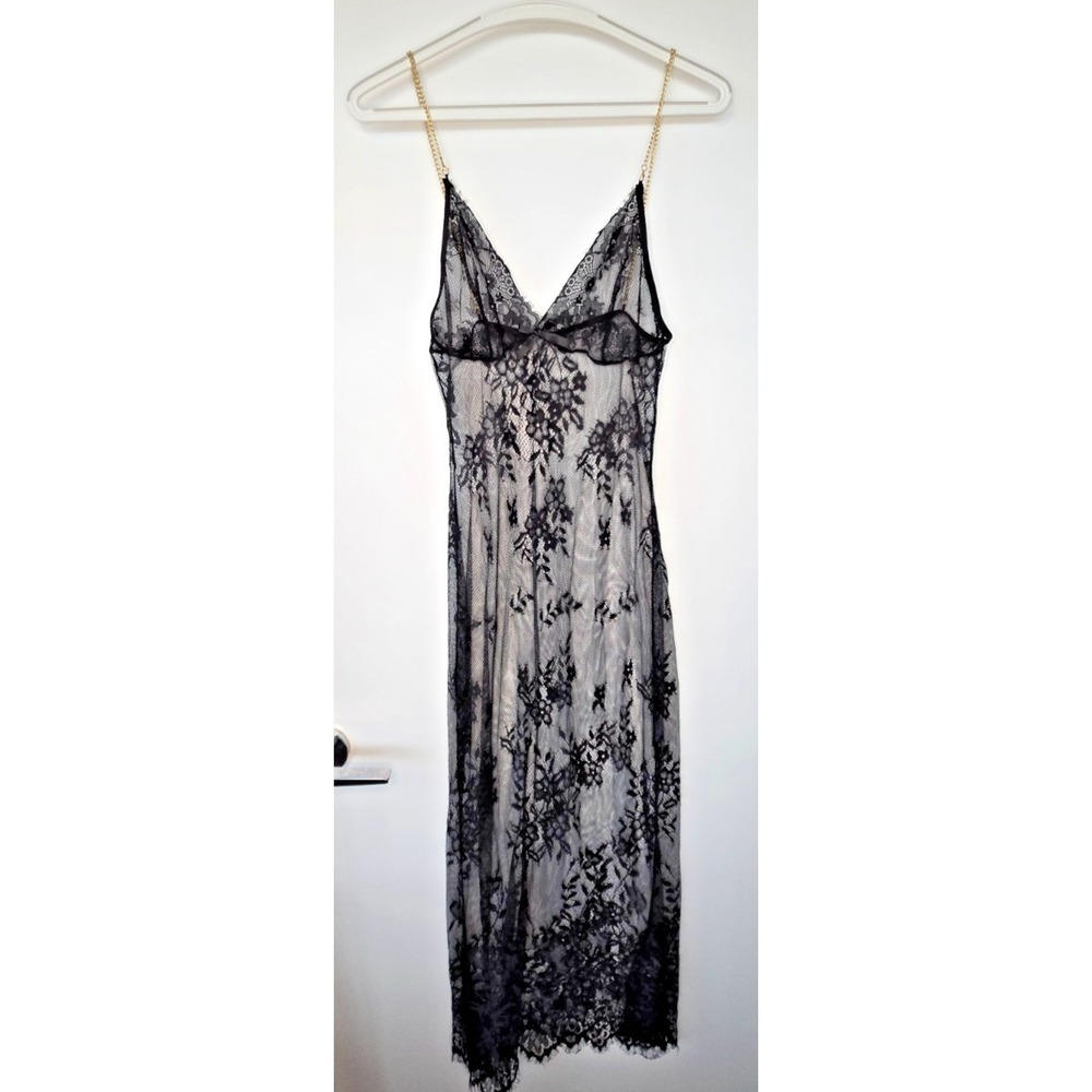 Lace Slip Dress Maxi Black Golden Chain Strap Y2K Bohemia Gothic Festival Party